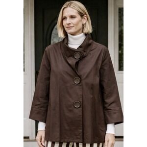 Coldwater Creek Swing Jacket Medium Chocolate Brown Big Buttons 3/4 Sleeves NEW